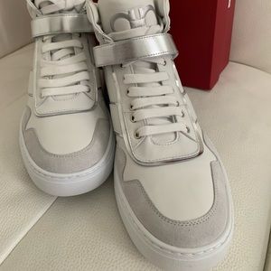 NIB Mens Salvatore Ferragamo "Noe" Leather High-Top Sneakers White/Nikel 10